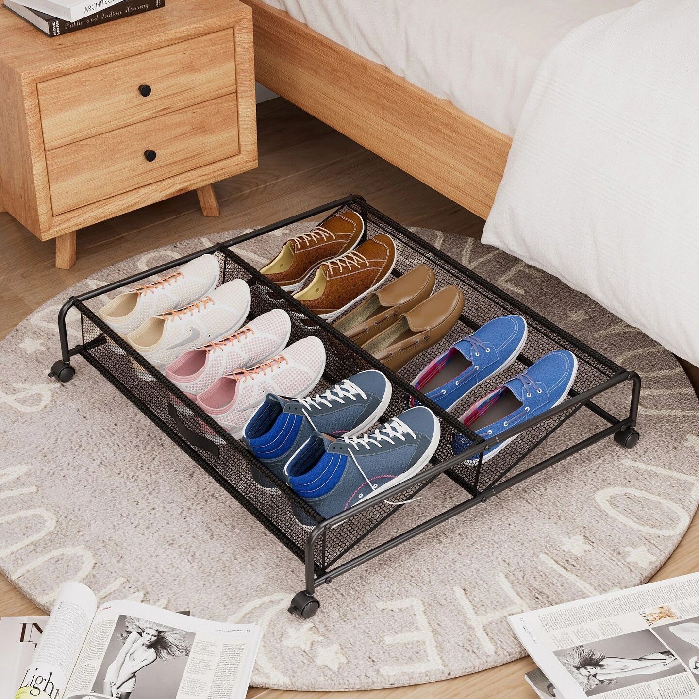 Under Bed Shoes Storage Organizer Metal Rolling Wheel Container Drawer Mesh Hole