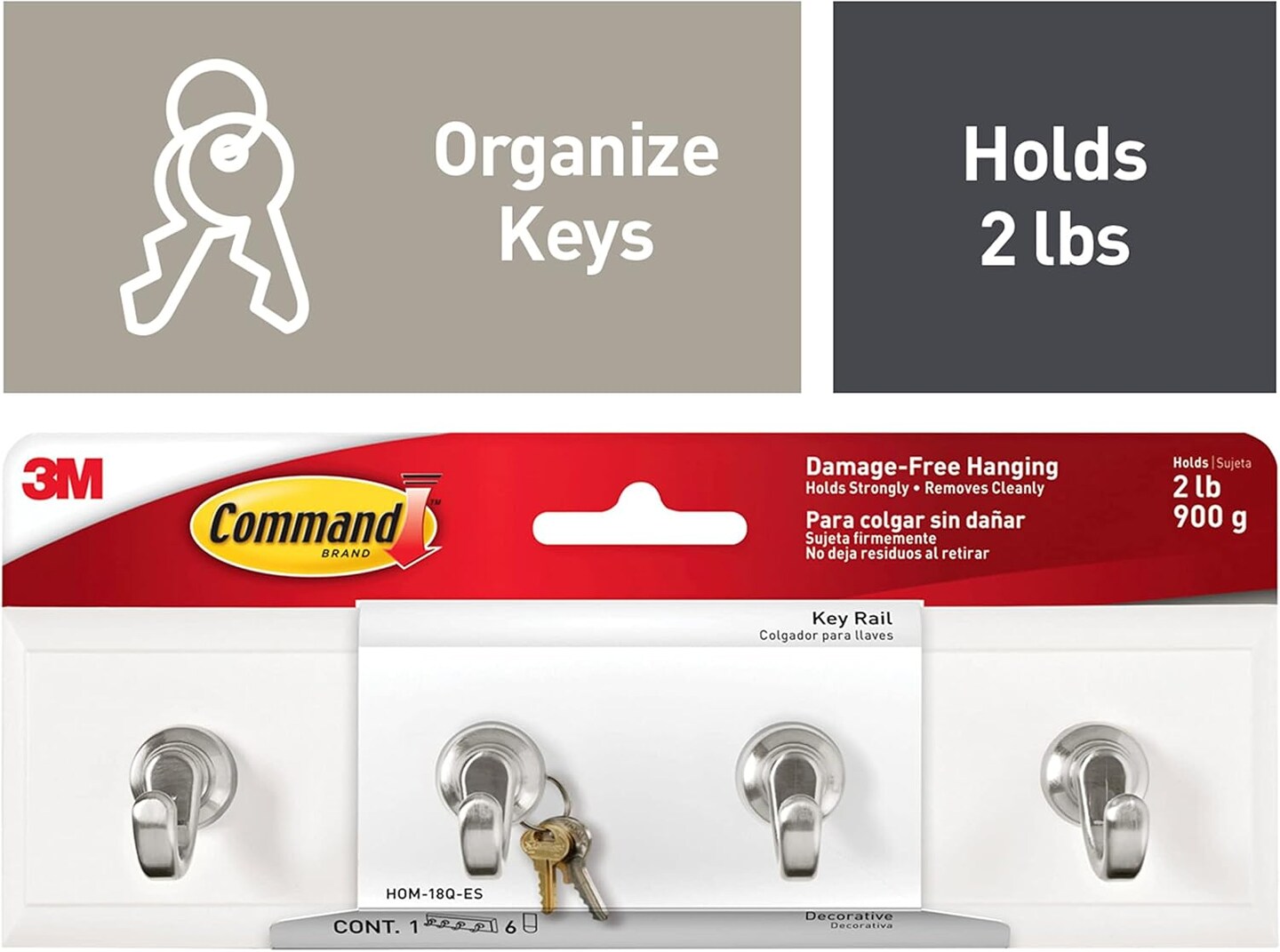 Command Key Rails, Total 2 Key Racks with 12 Command Strips, 2 Pack of 1 Rail, 4 Key Hooks on One Rail, Organize Damage-Free