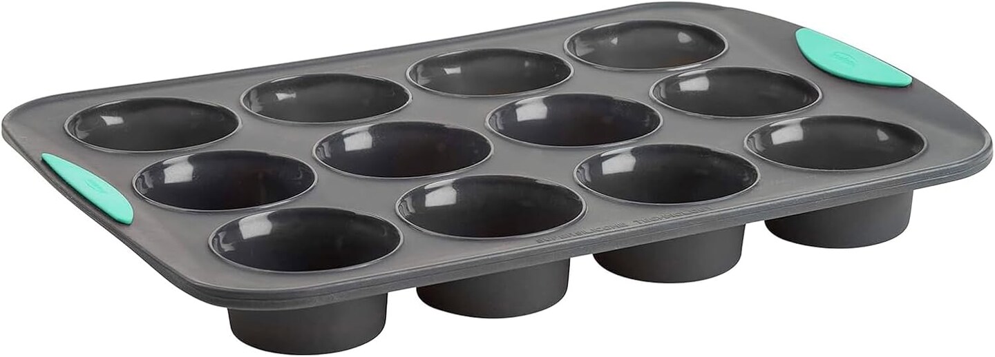 12-Cup Silicone Muffin Pan with Hard Lining, Nonstick & Heat-Resistant, Grey/Mint