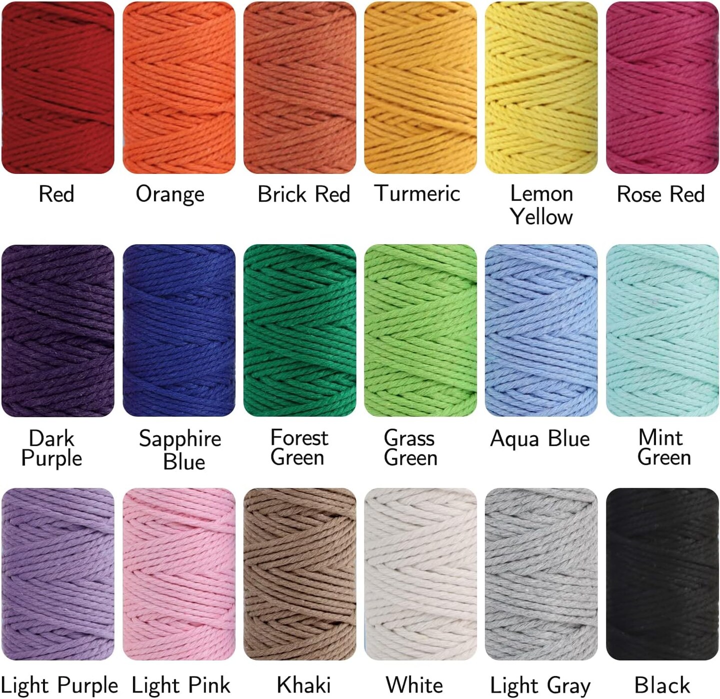 Macrame Cord 2mm x 590 Yards – 18 Rolls Natural Cotton Twine, 3-Strand Soft Rope for DIY Knitting, Knotting, Macrame, and Craft Projects, Assorted Colors