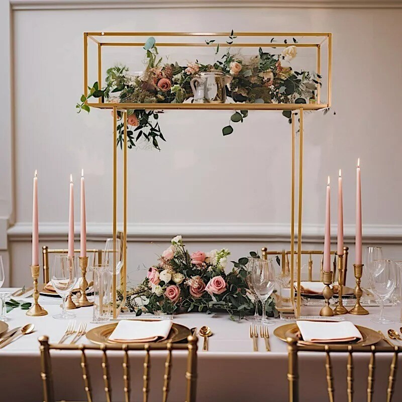 48&#x22; Gold Metal Rectangular Top Flower Stand Centerpiece Party Events Decorations