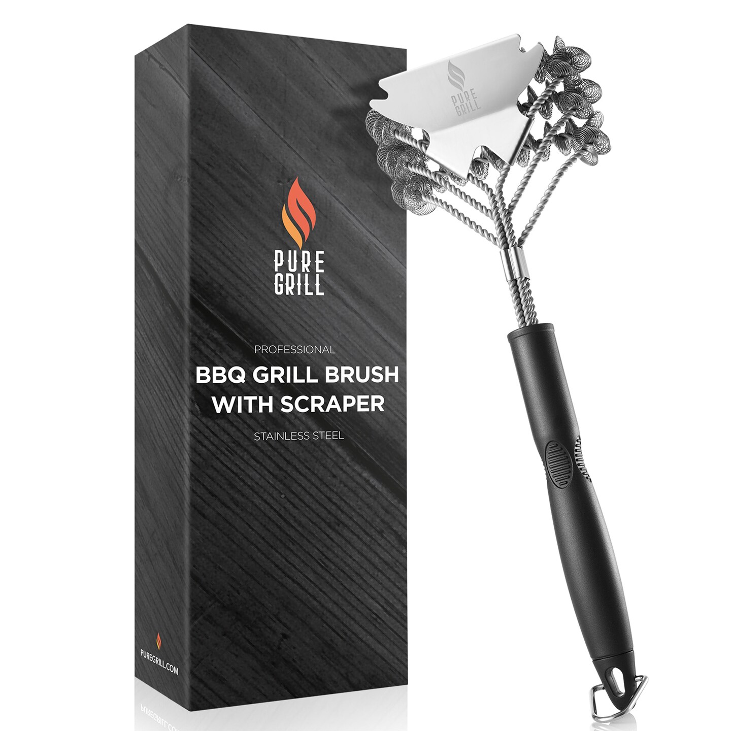 Pure Grill 3-in-1 Stainless Steel Bristle Free Mesh Wire Grill Brush and Scraper for Cleaning BBQ Grates