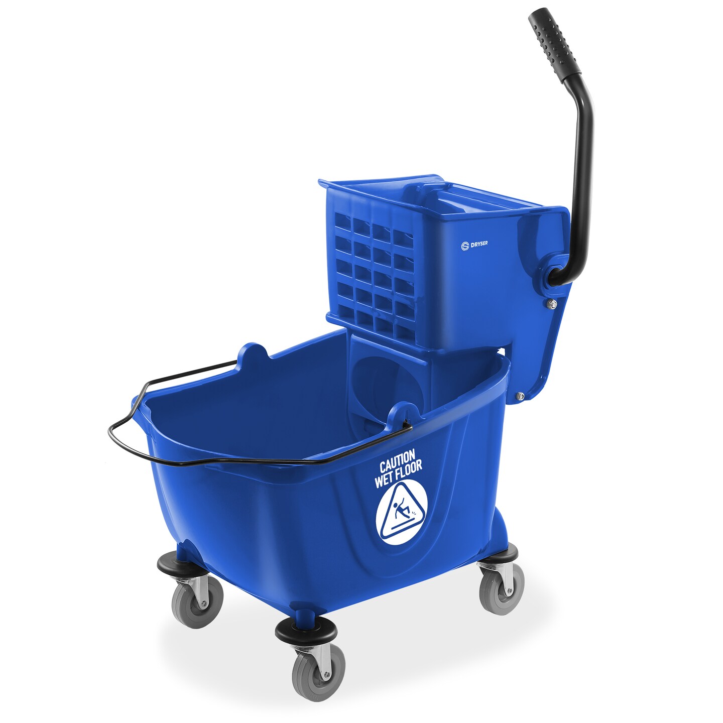Dryser Commercial Janitorial Cleaning Cart on Wheels with Shelves and Vinyl Bag &#x26; Commercial Mop Bucket with Side Press Wringer, 26 Qt. Blue