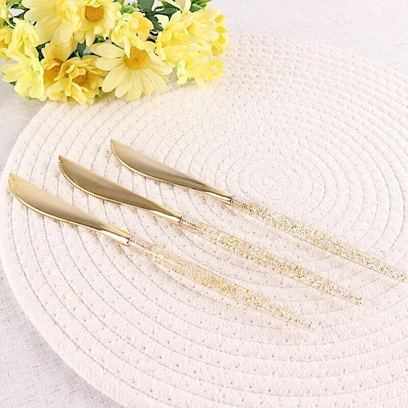 24 Clear 9&#x22; Plastic Knives Gold Glittered Handle Disposable Wedding Tableware