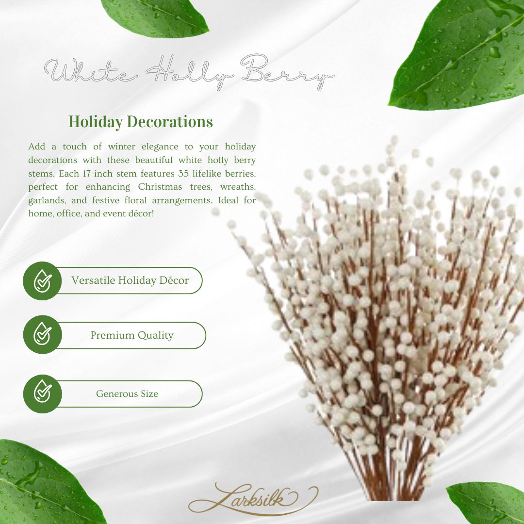 24-Pack White Holly Berry Stems with 35 Lifelike Berries | 17-Inch | Festive Holiday Decor | Trees, Wreaths, &#x26; Garlands | Christmas Picks | Home &#x26; Office Decor, Floral Home by Artificial Flowers