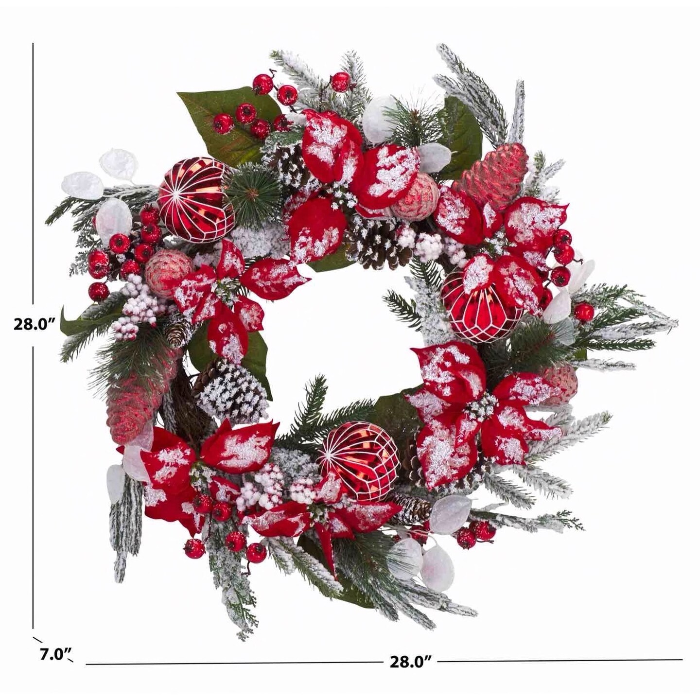 Faux 28" Snowy Green Needle Pine Wreath W/Red Poinsettas And Ornaments