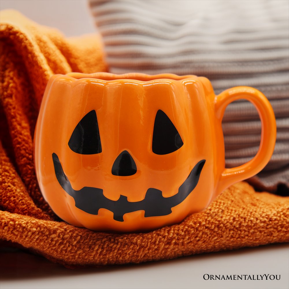 Classic Jack O&#x27; Lantern Ceramic 4&#x22; Pumpkin Mug, Halloween Drinkware and Spooky Fall Decor
