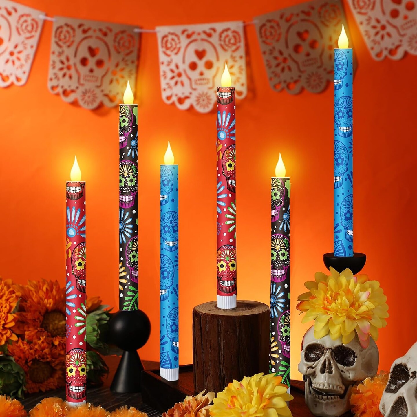 6PCS Day of the Dead Flameless Taper Candles 10.6 Inch, Sugar Skull LED Candlesticks with Flickering Wick, Battery Operated Halloween Dia De Los Muertos Decor for Ofrenda, Table, Party & Home