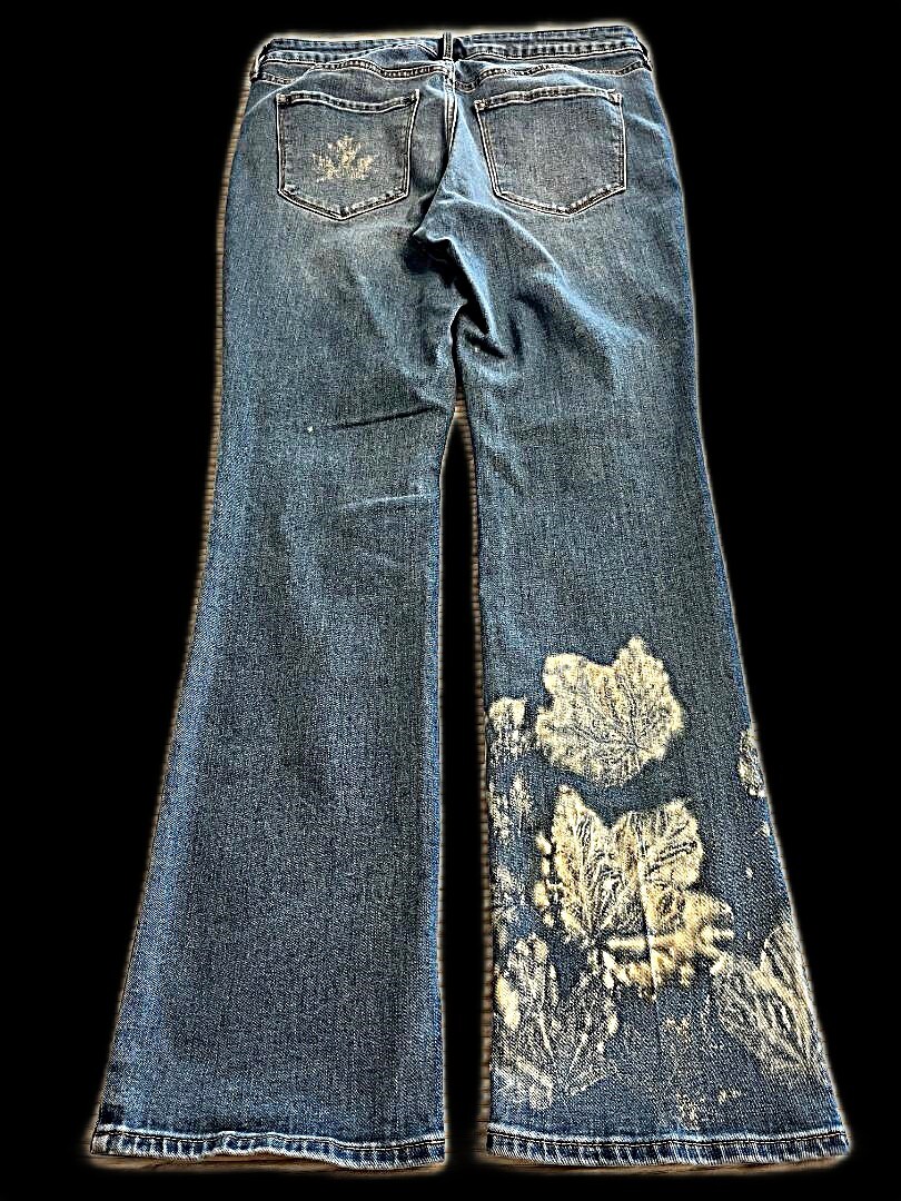 Upcycled Reworked Hand Bleached Womens Boot cut Jeans leaf pattern size 12