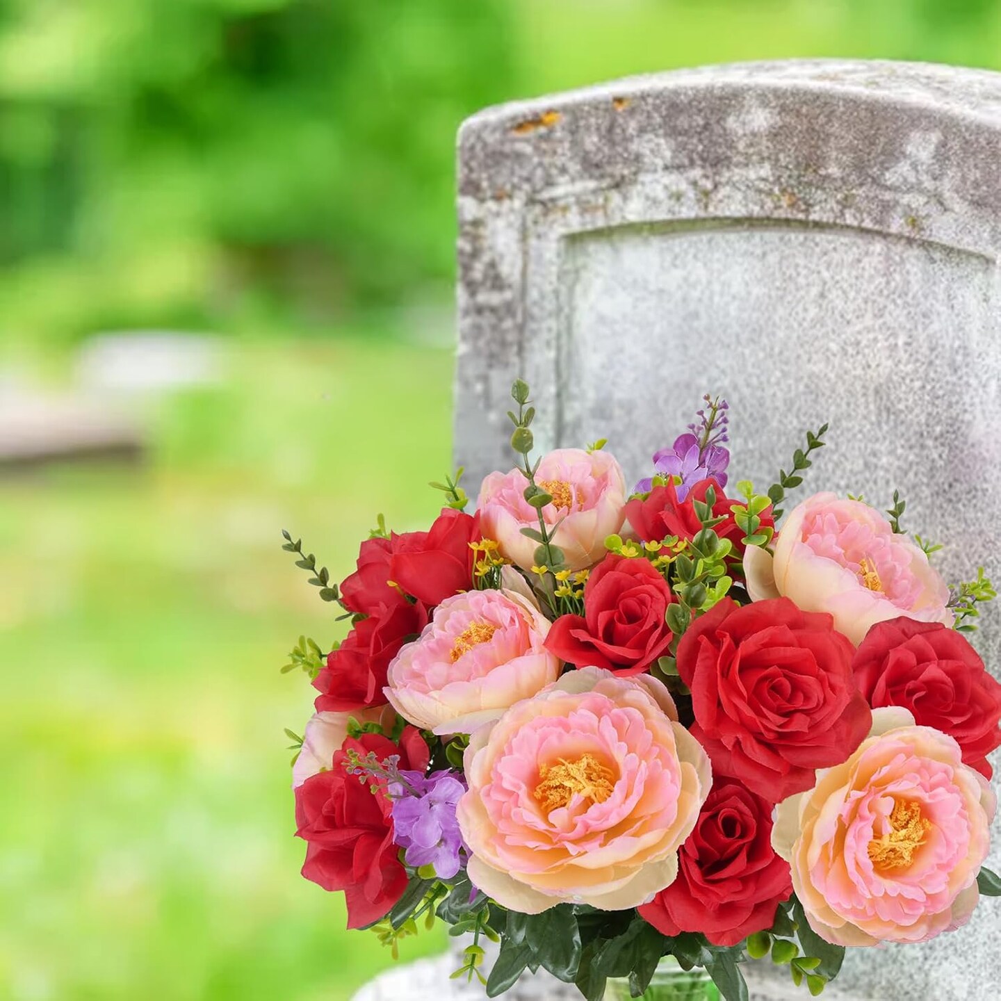 2Pcs Artificial Cemetery Flowers for Grave - 18" Silk Peony & Rose Bouquet - UV Resistant Memorial Flowers for Headstone Vases, Outdoor Gravesite & Home Table Centerpieces
