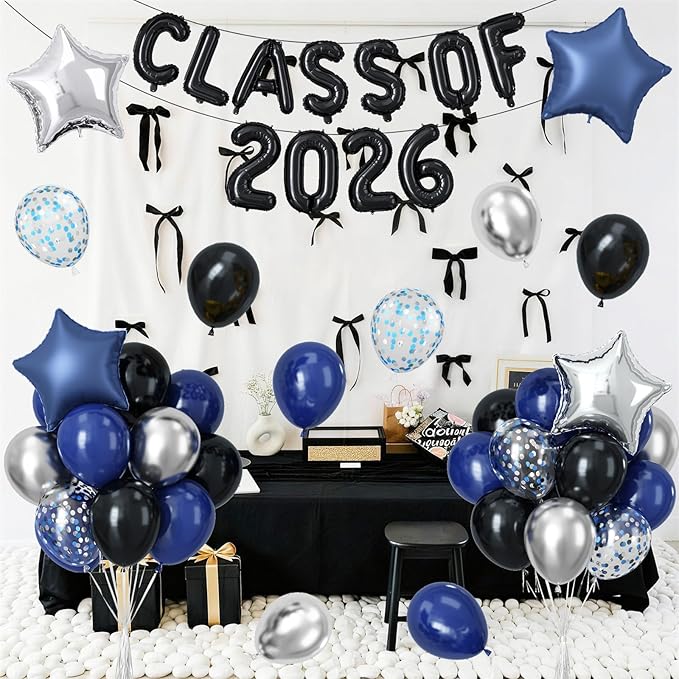 2026 Graduation Balloons Set, Black and Blue Silver Graduation Party Decorations Class of 2026 Balloons with Star Foil Balloon for Preschool High School College Congrats Grad Party Decorations