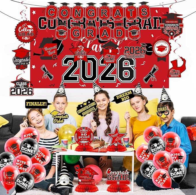 2026 Graduation Decorations Set- Class of 2026 Grad Party Decorations, Congrats Grad Banner, Backdrop, Grad Hanging Swirl, Balloons and Honeycomb Table Toppers, Graduation Party Supplies