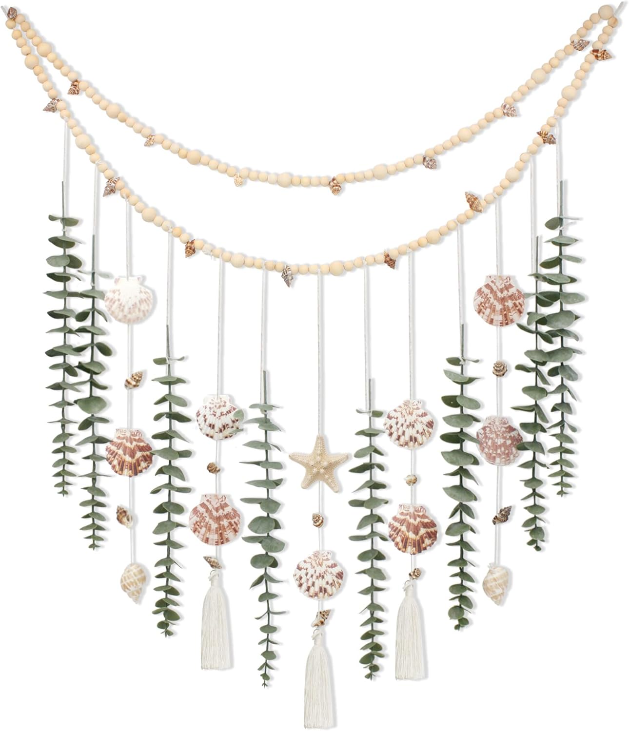 Citrus; Artificial Eucalyptus Wall Decor with Seashells – 32x32 Inch Coastal Boho Wall Hanging with Starfish, Conch & Wooden Bead Garland for Bedroom, Bathroom, Living Room & Beach House Decor; Category:Tabletop Decor; Image:1