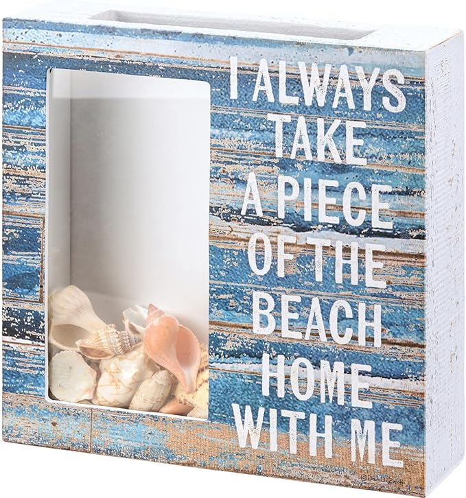 10-inch Seashell Holder Shadow Box – Rustic Coastal Wall Decor, “I Always Take A Piece Of The Beach Home With Me” Beach Keepsake Display Frame, Wooden Glass Memory Box Gift for Beach Lovers