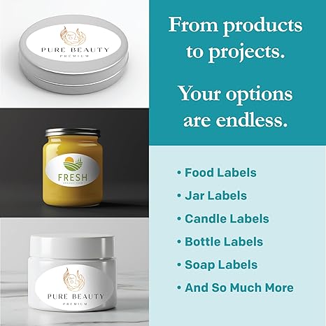 200 PCS White Oval Sticker Labels, 3.33" x 2" Printable Adhesive Labels for Inkjet & Laser Printers, Product, Jar, Candle, and Packaging Labels