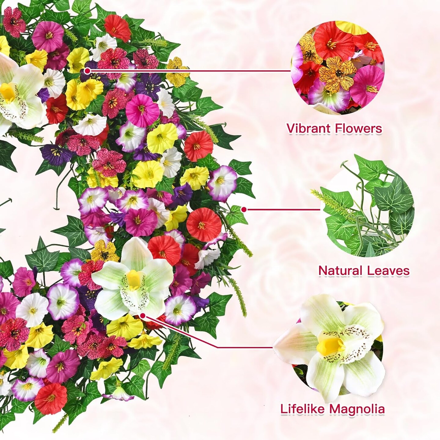 Spring Summer Wreaths for Front Door, 24 Inch Large Floral Door Wreath with Magnolia Petunia Flowers and Ivy Leaves, Farmhouse Spring Summer Wreath for Porch Wall Indoor Outdoor Decor