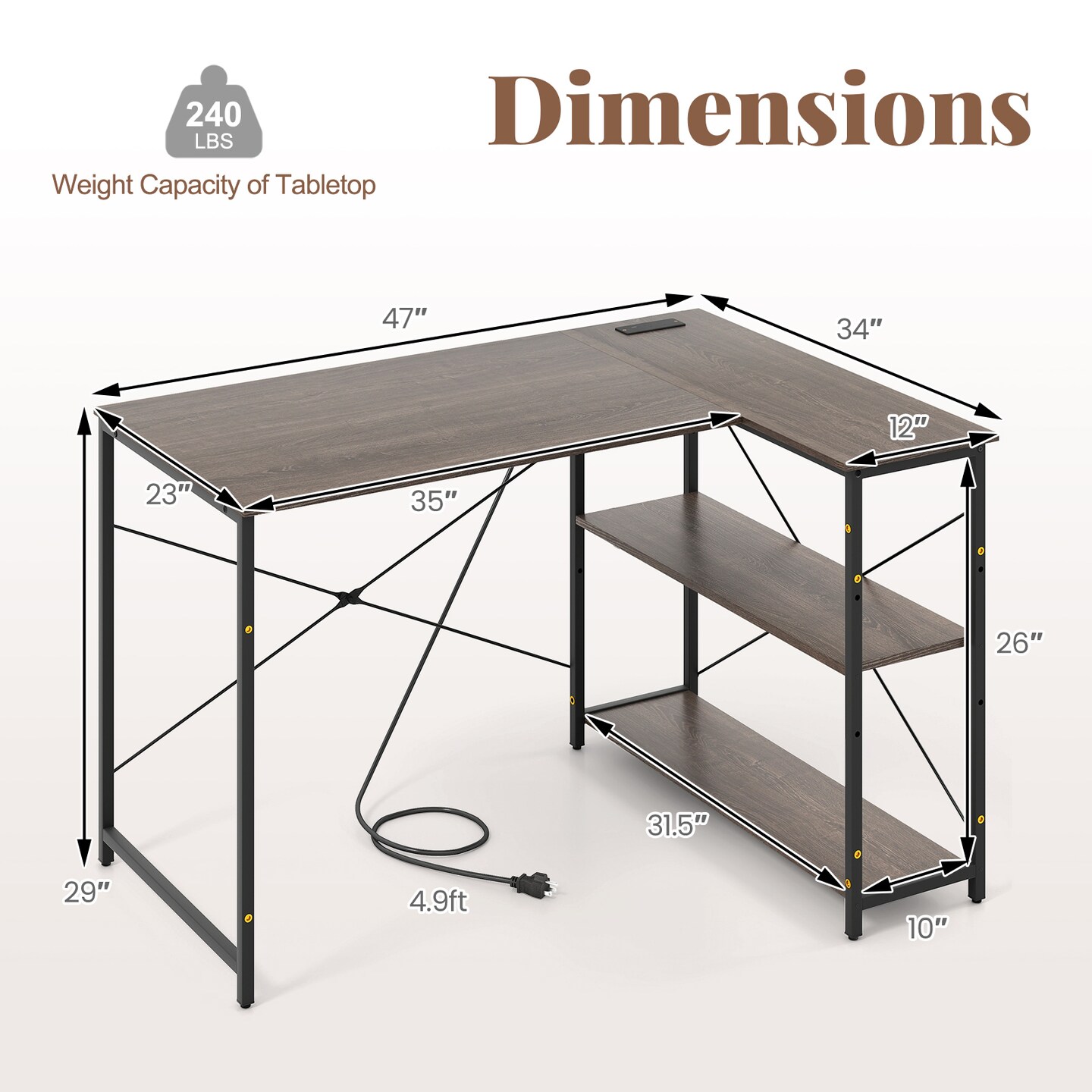 Grey Steel Wood L-Shaped Computer Desk with Reversible Storage Shelf