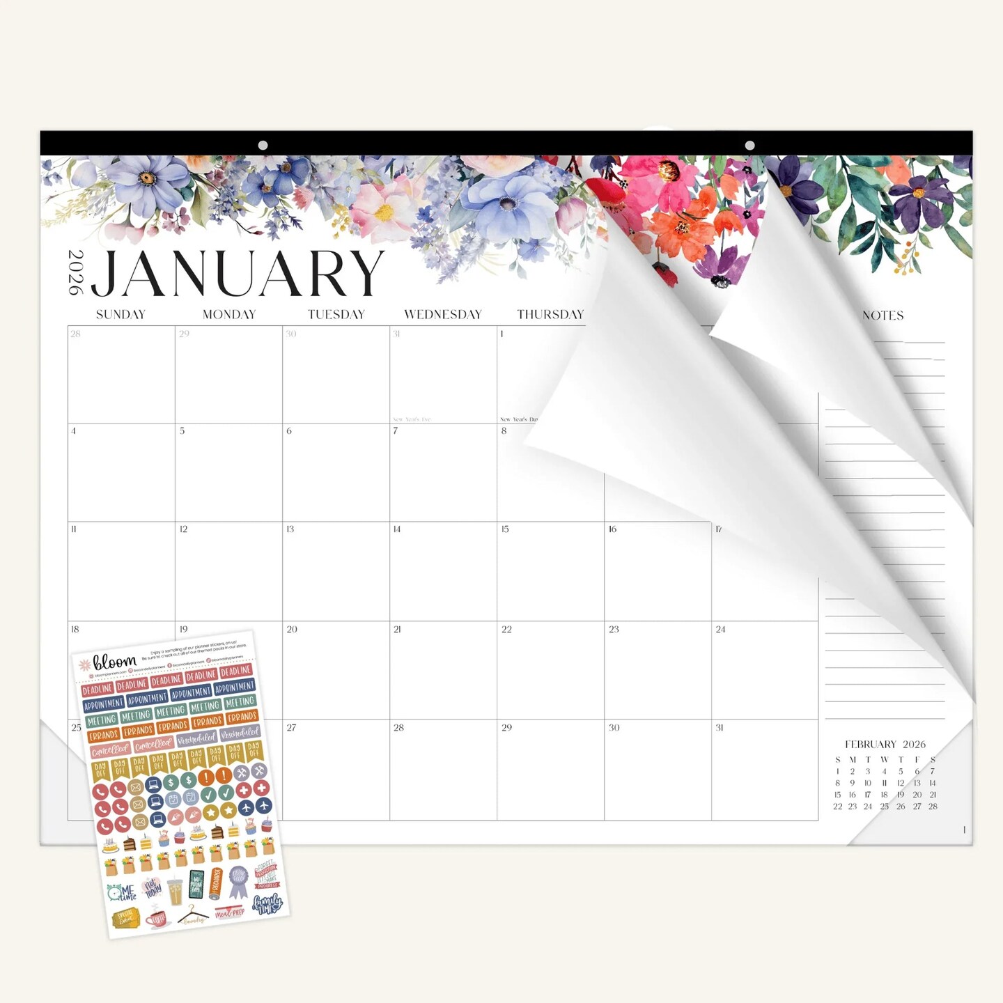 bloom daily planners 2026 Desk & Wall Calendar, 16" x 21", Seasonal Florals