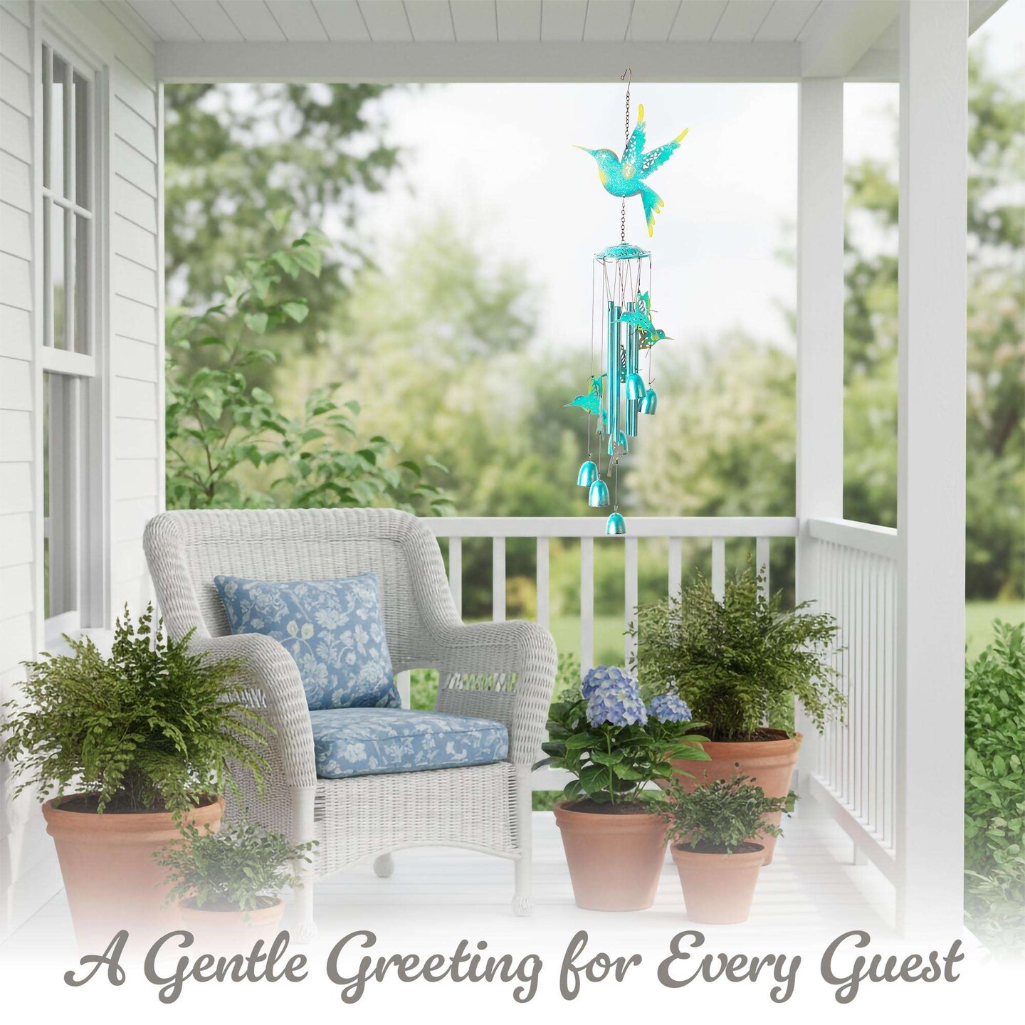 G128 Blue Hummingbird Wind Chimes for Outside | 32" Metal Outdoor Windchime for Garden, Patio, Porch