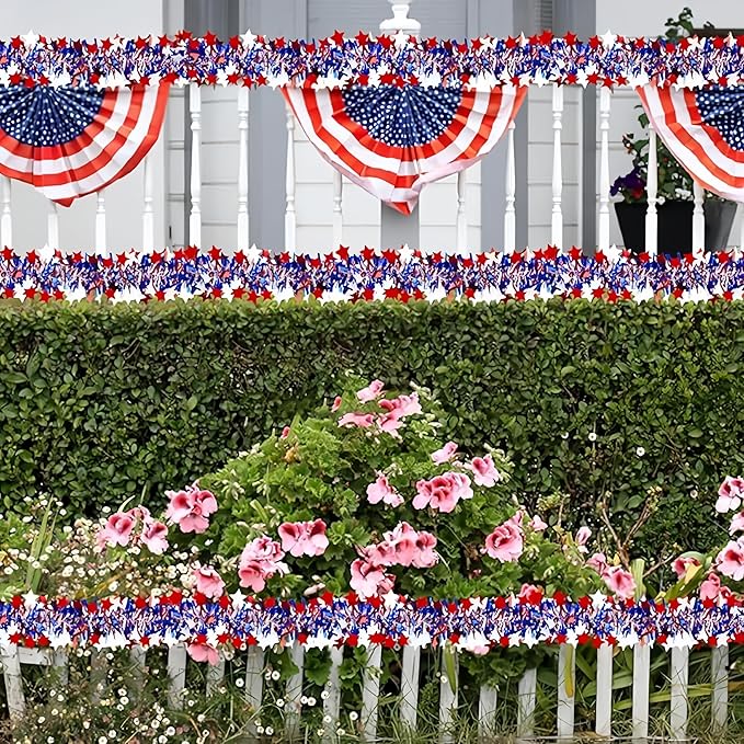 65 Feet 4th of July Garland Memorial Day USA Patriotic Red White Blue Independence Day Tinsel Metallic Tree Car Golf Cart Parade Float Decor Trailer Bike Outdoor Summer Glitter Star Garlands