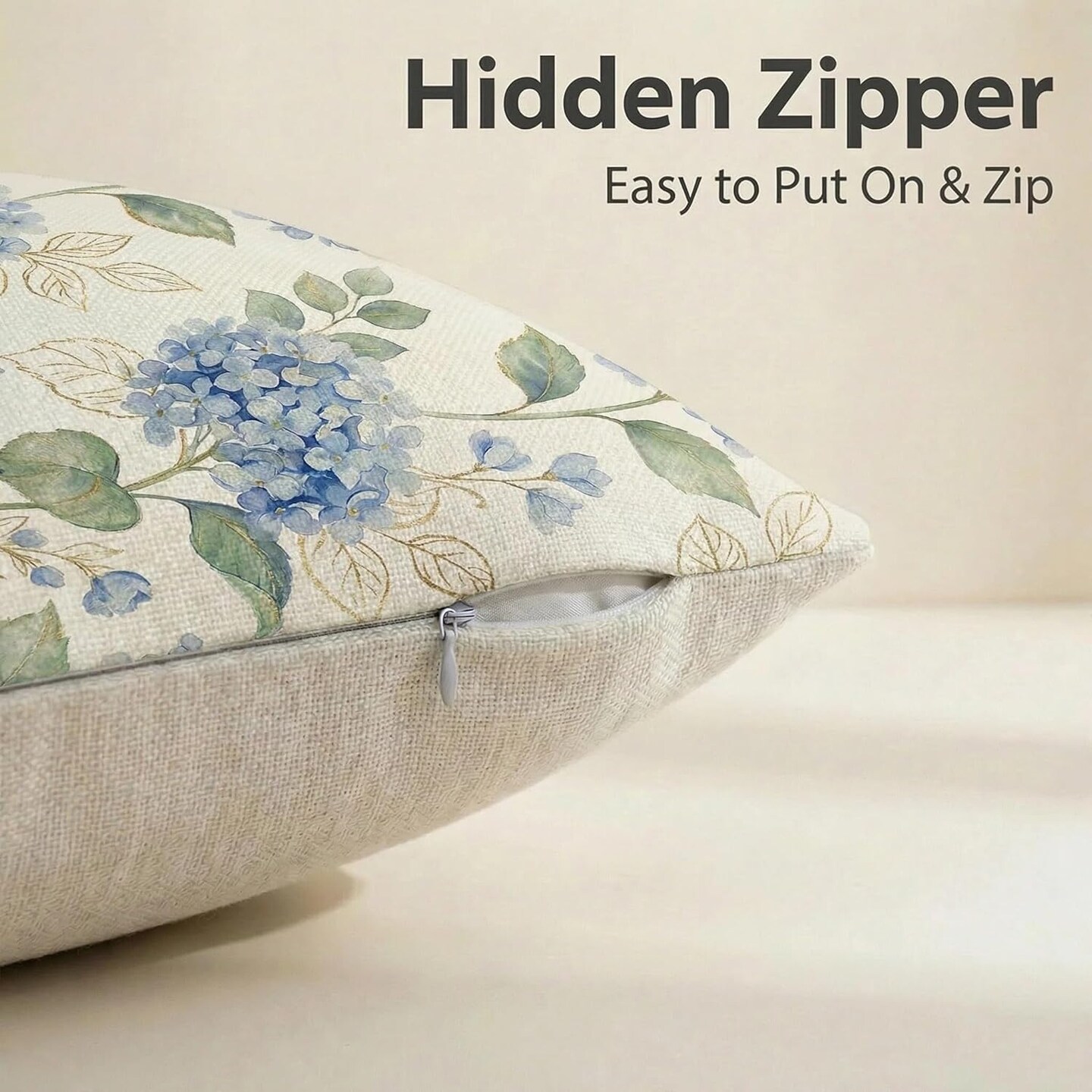 Set of 4 Blue Hydrangea Throw Pillow Covers – 18x18 inch Farmhouse Floral Cushion Cases for Couch, Sofa, Bedroom, Spring & Summer Décor