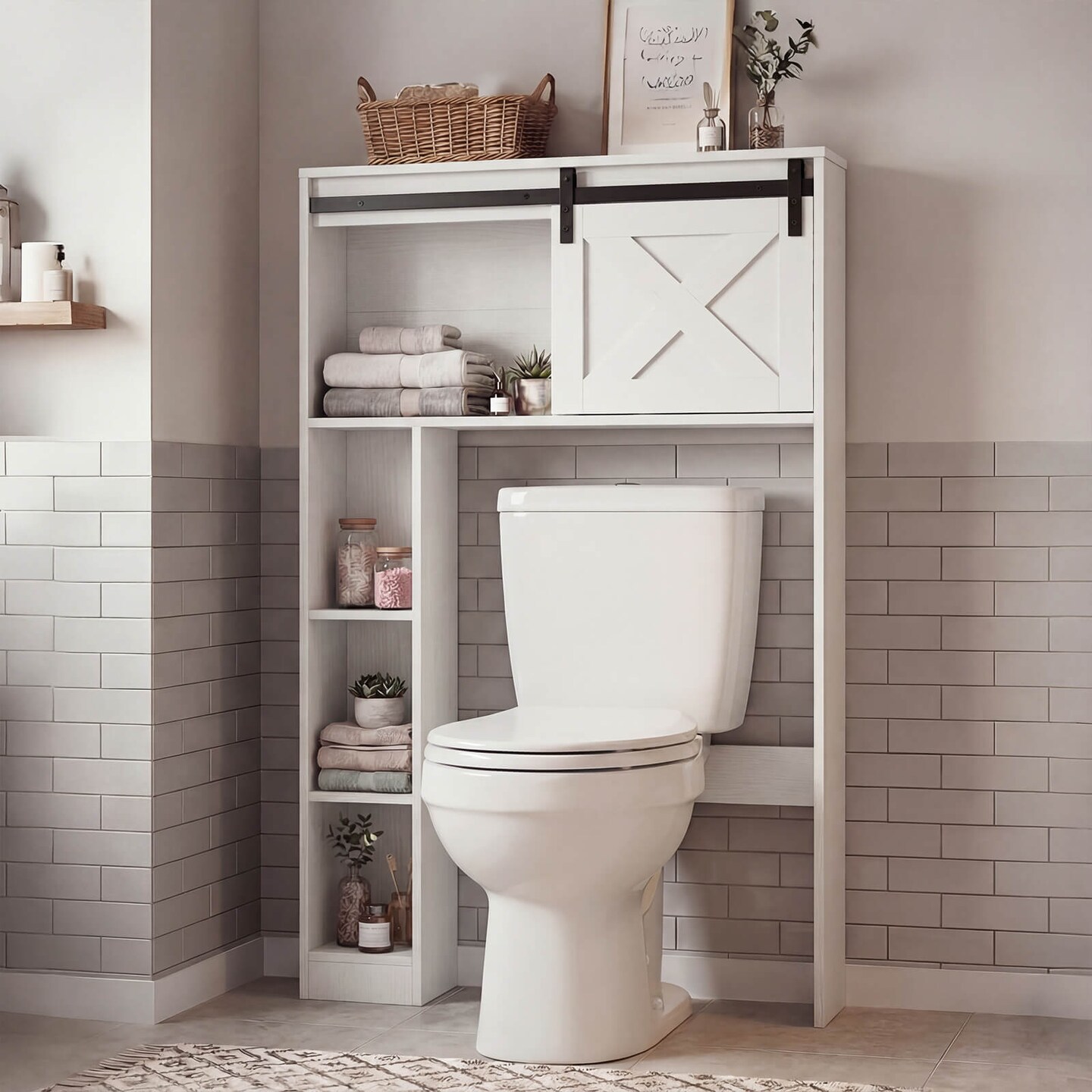 Costway Over the Toilet Bathroom Storage Cabinet with Sliding Barn Door & Shelves White