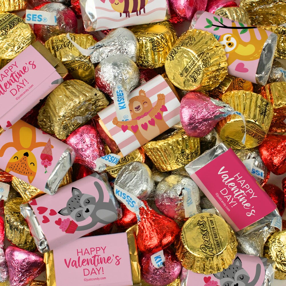 20lb Valentines Day Exclusive Candy Mix - Includes Woodland Buddies Miniatures, Milk Chocolate Kisses In 3 Foil Colors & Gold Mini Peanut Butter Cups (1,460ct)