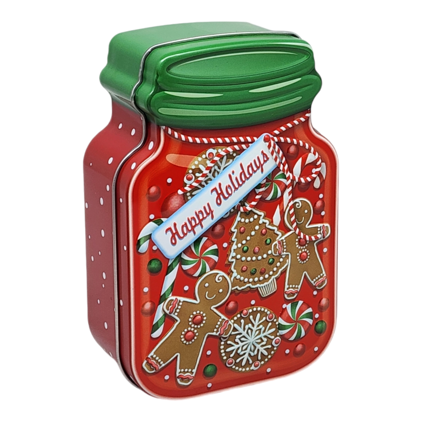Jar Shaped Christmas Cookie Gift Tin - Happy Holidays Gingerbread