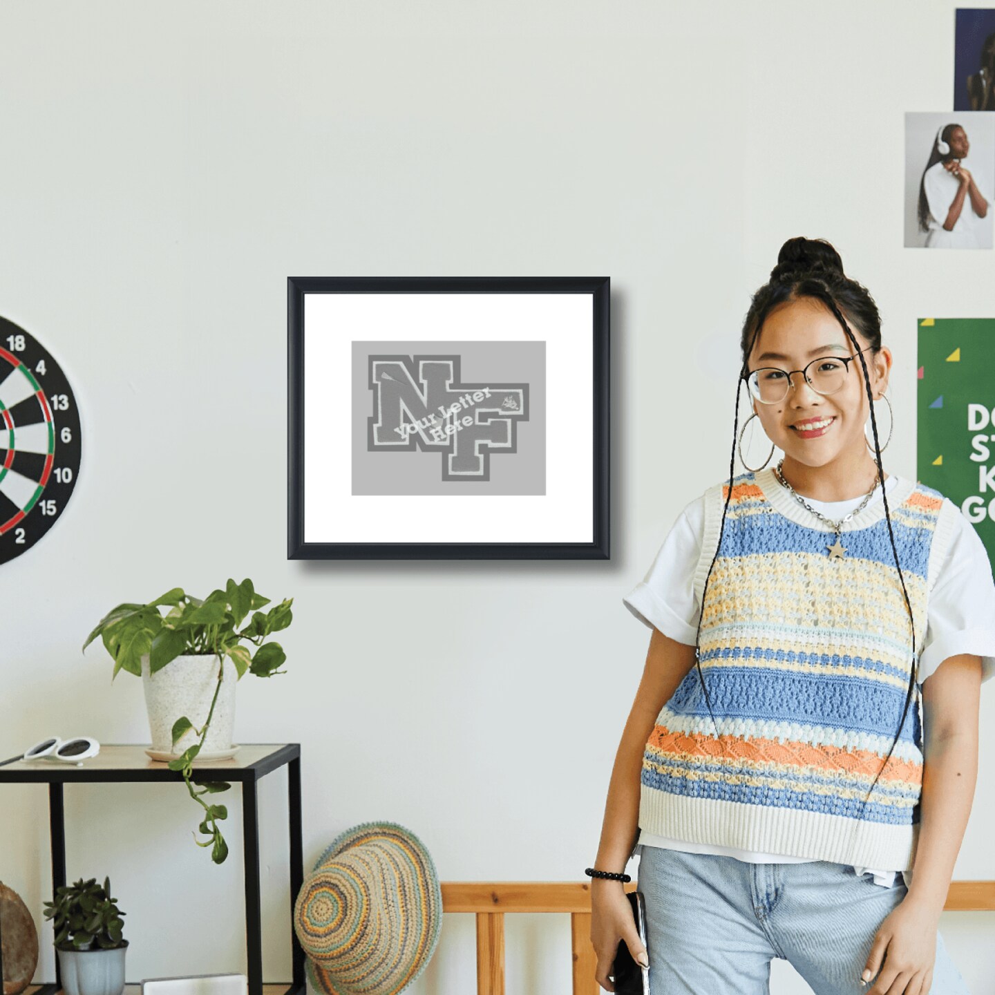 Framerly - 10"w x 8"h Varsity Letter Horizontal Frame - Solid Hardwood Shadowbox in Black Satin Finish with White Matting