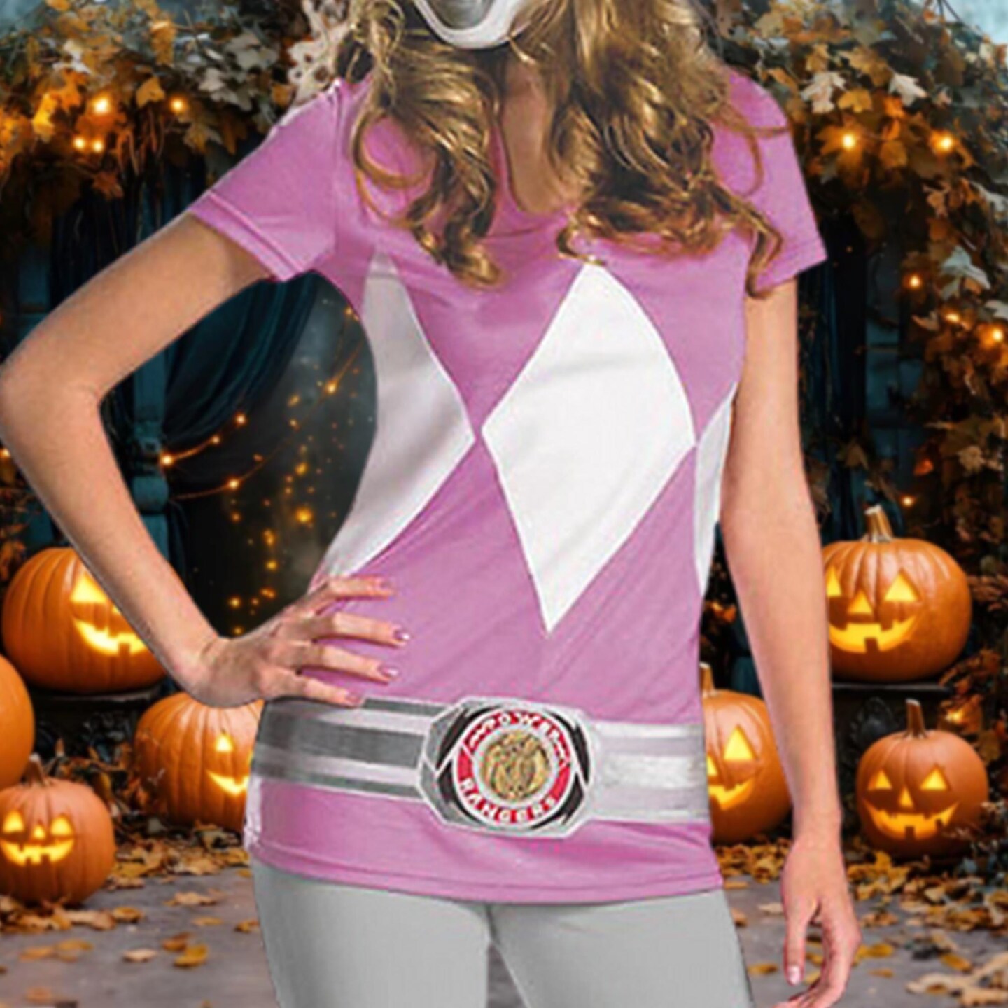 Women&#x27;s Pink Power Ranger Costume Printed Shirt With Character Mask