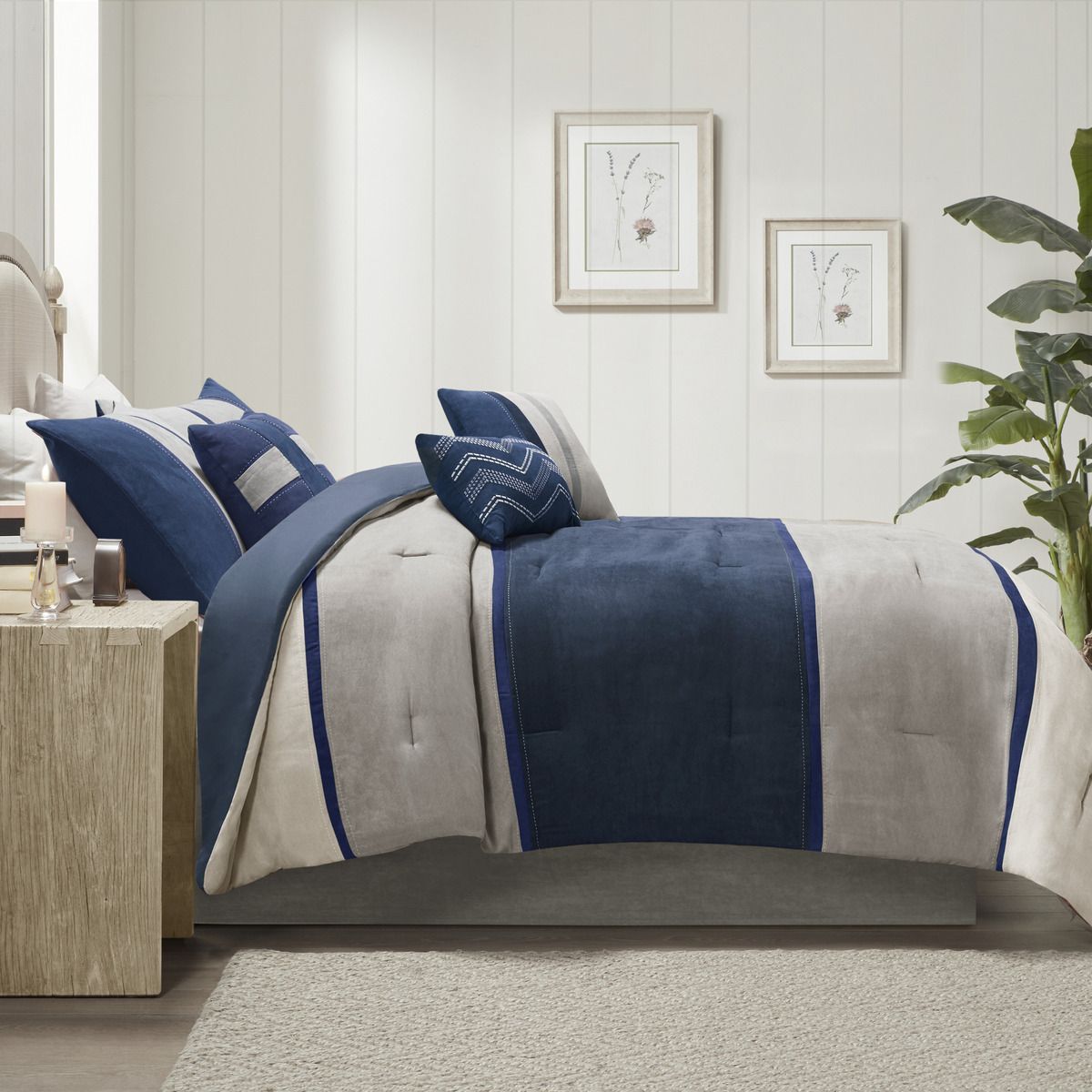 Queen Faux Suede Comforter Set 7 Piece Heather Grey Blue Charcoal Grey