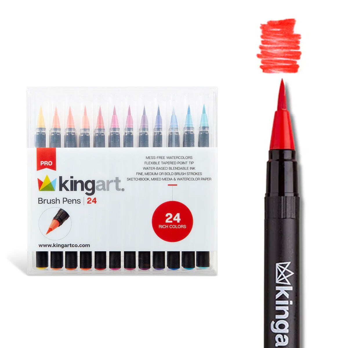 KINGART® PRO Real Brush Watercolor Pens, Set of 24 Unique Colors for Creating Illustrations, Calligraphy, and Watercolor Effects