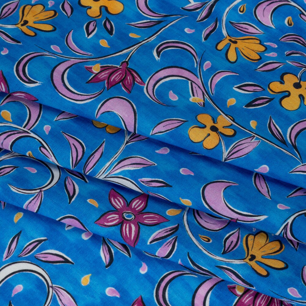 1 Yard Cotton Voile Blue and Yellow Floral Apollos Laurel Print Fabric
