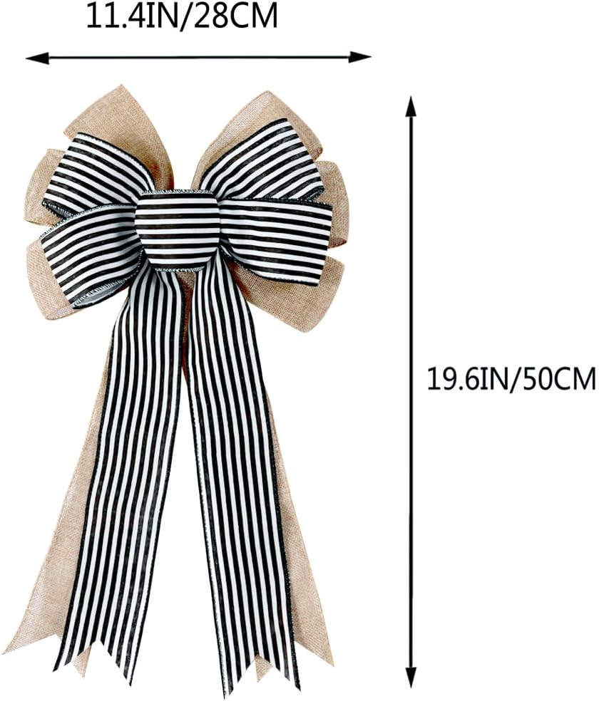 2 Pack Black White Stripe Burlap Fall Bows for Wreaths Decorations,Rustic Farmhouse Crafts Bow Wrapping Tree Topper Wedding Holiday Birthday Party Wall Home Front Door