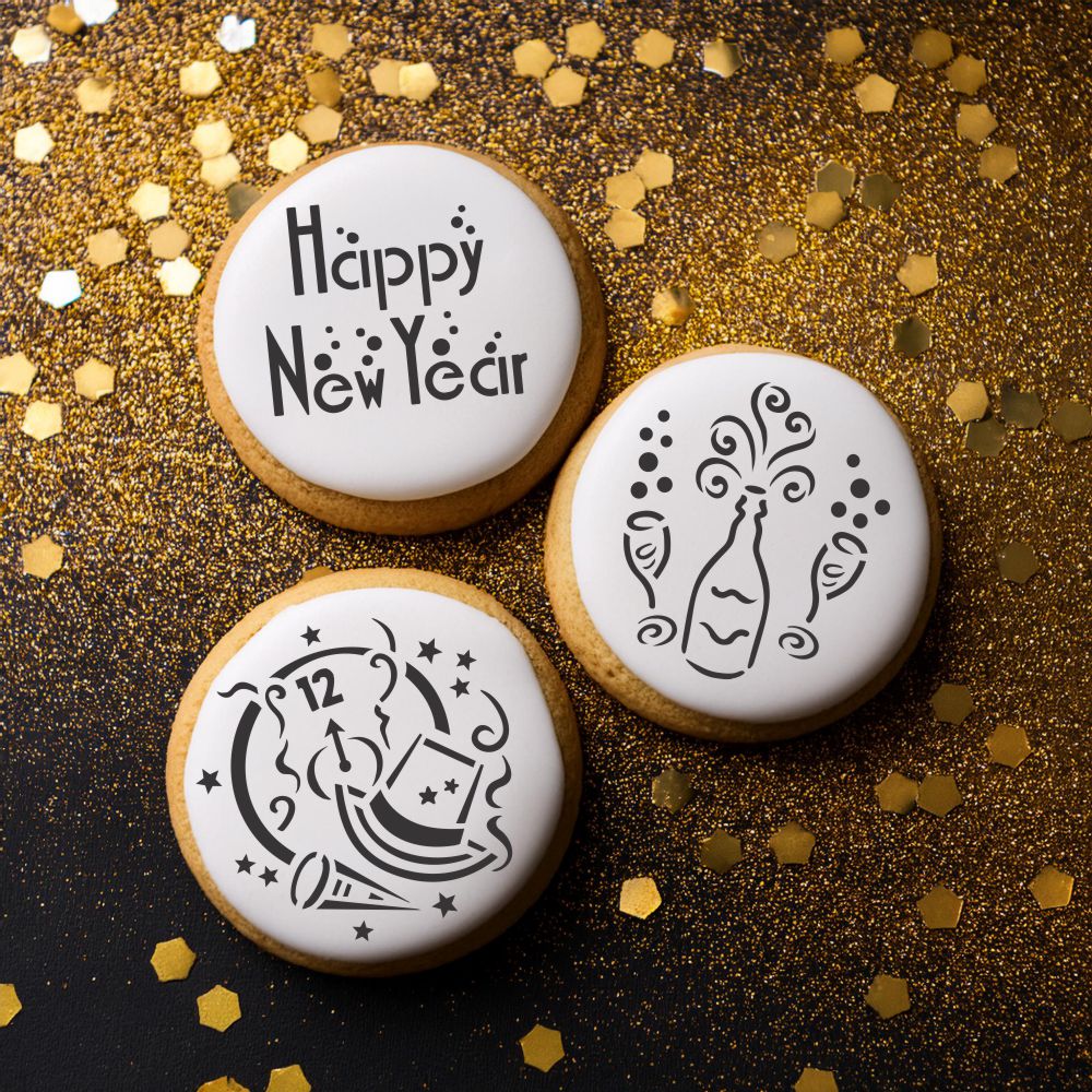 Mini Happy New Year Cookie & Cupcake Stencil Set | C799 by Designer Stencils | Cookie Decorating Tools | Baking Stencils for Royal Icing, Airbrush, Dusting Powder | Reusable Plastic Food Grade Stencil for Cookies | Easy to Use & Clean Cookie Stencil