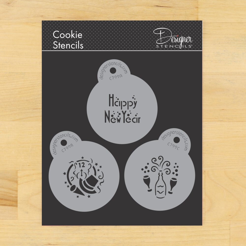 Mini Happy New Year Cookie & Cupcake Stencil Set | C799 by Designer Stencils | Cookie Decorating Tools | Baking Stencils for Royal Icing, Airbrush, Dusting Powder | Reusable Plastic Food Grade Stencil for Cookies | Easy to Use & Clean Cookie Stencil