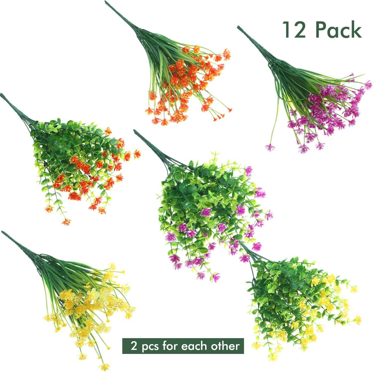 12 Bundles Artificial Flowers Outdoor, UV Resistant Fake Plants Shrubs in Yellow, Orange & Fuchsia for Porch, Patio, Hanging Planters, Window Boxes & Spring Summer Décor