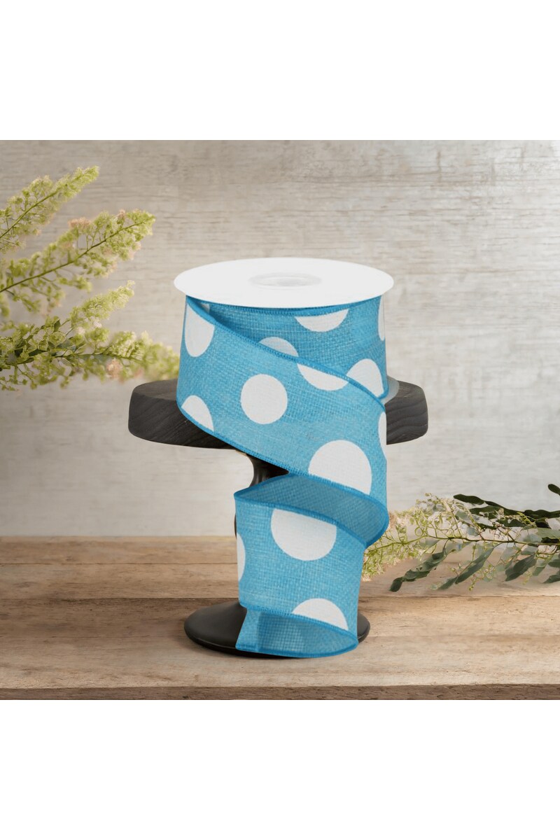 2.5&#x22; Faux Burlap Giant Polka Dot Ribbon: Light Blue &#x26; White (10 Yards)