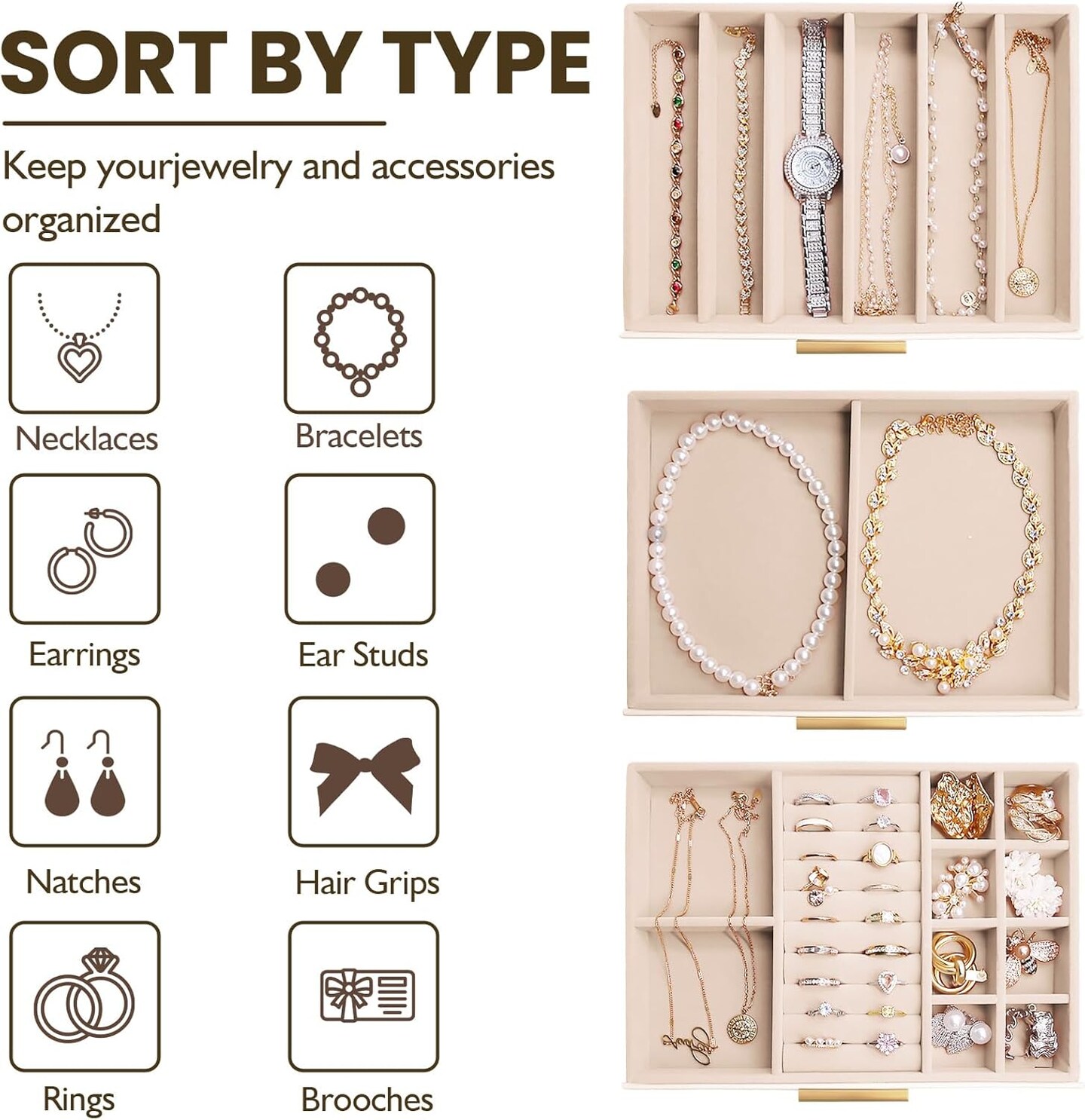 Jewelry Box for Women, Glass Lid Leather Jewelry Organizers and Storage with 3 Drawers, Large Capacity for Necklaces, Earrings, Rings, Bracelets, Modern Style (White)