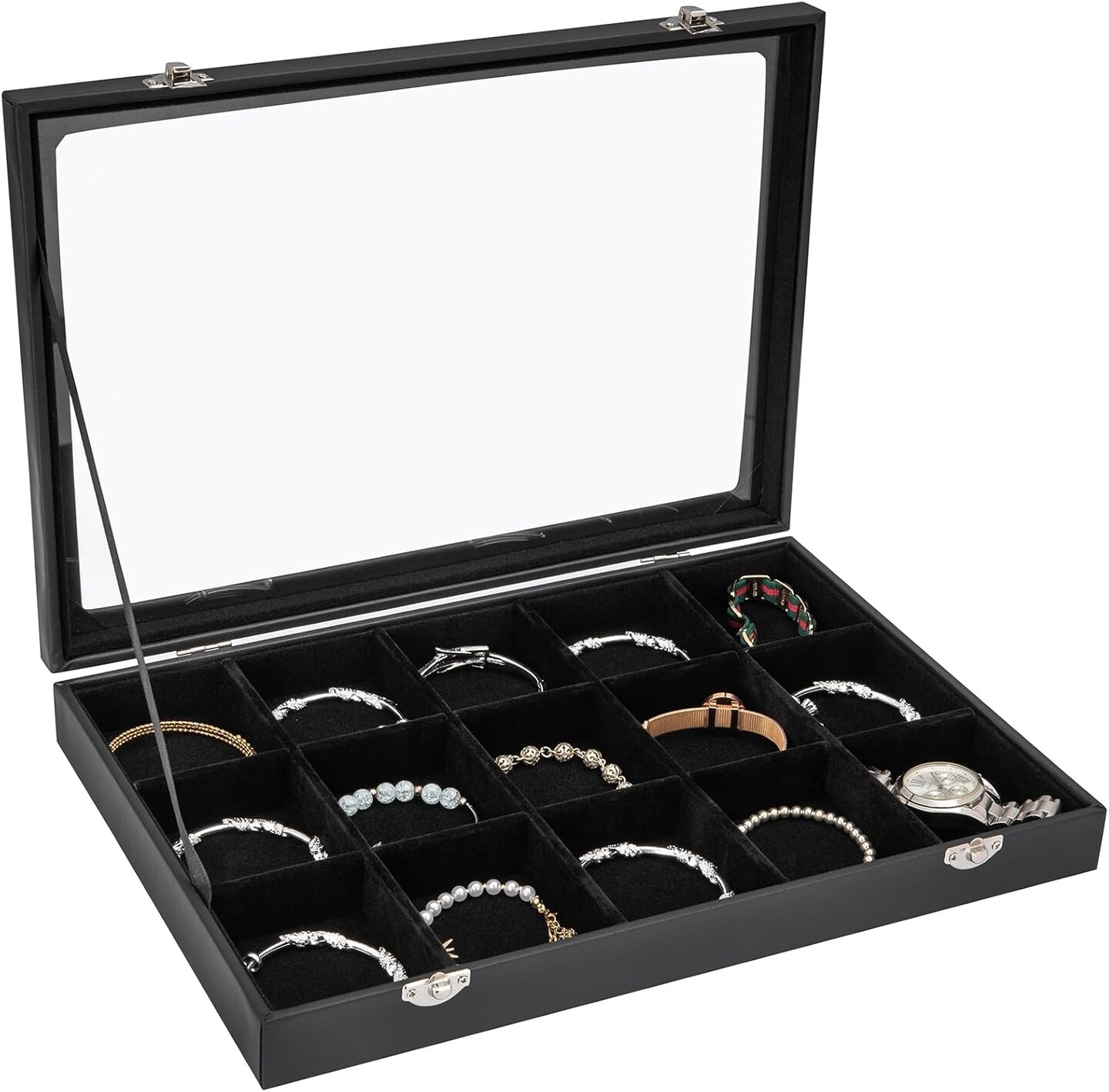 15-Grid Jewelry Organizer/Storage/Display Case with Acrylic Lid, Black Velvet