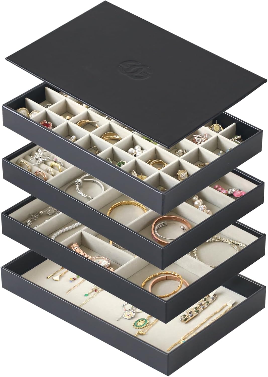 Jewelry Organizer Tray with Lid, Extra Large Set of 4 Stackable Jewelry Organizer Holder for Drawer Inserts, PU Leather Jewellery Storage Display for Ring Earring Necklace Bracelet (Black)