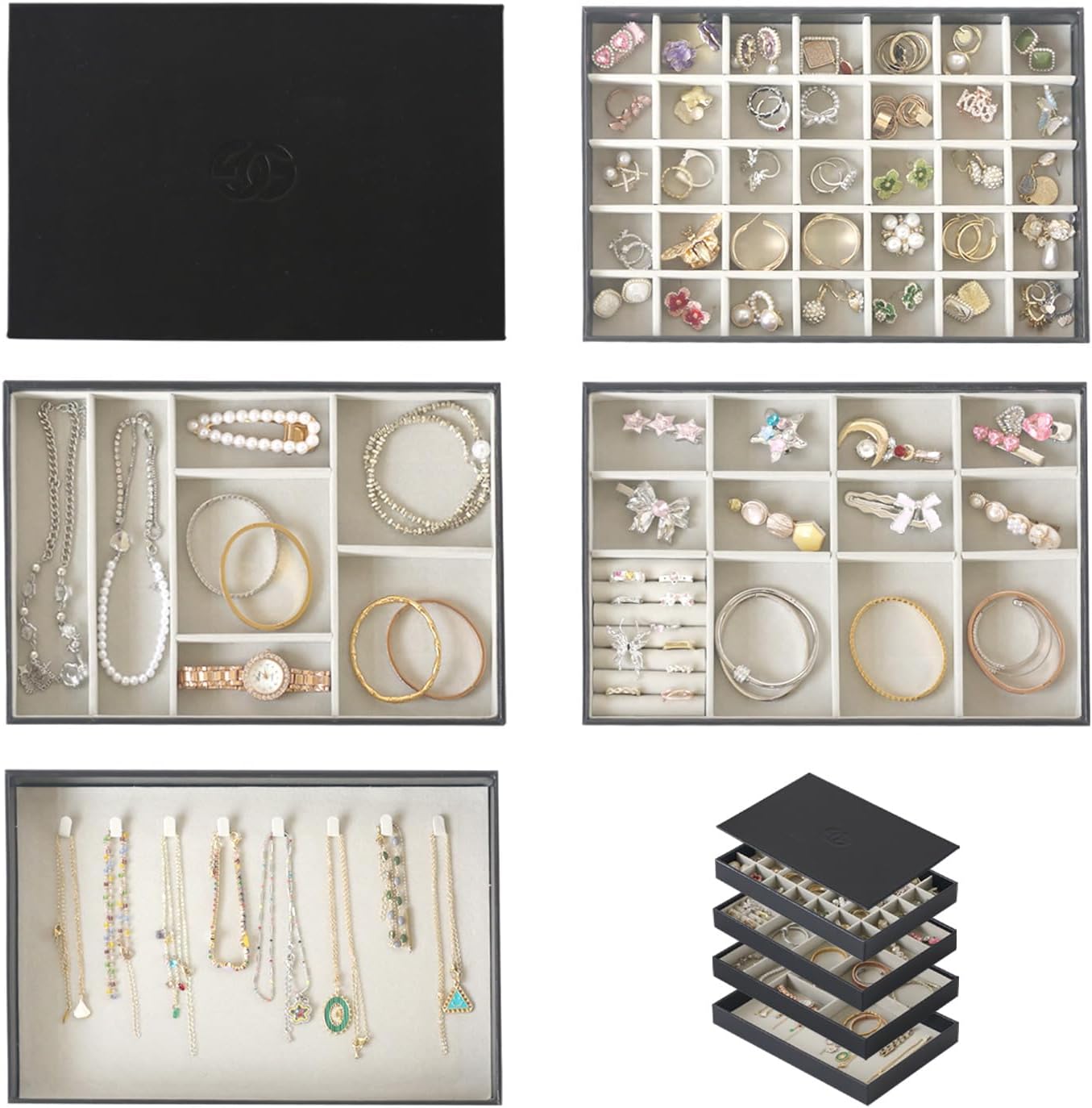 Jewelry Organizer Tray with Lid, Extra Large Set of 4 Stackable Jewelry Organizer Holder for Drawer Inserts, PU Leather Jewellery Storage Display for Ring Earring Necklace Bracelet (Black)