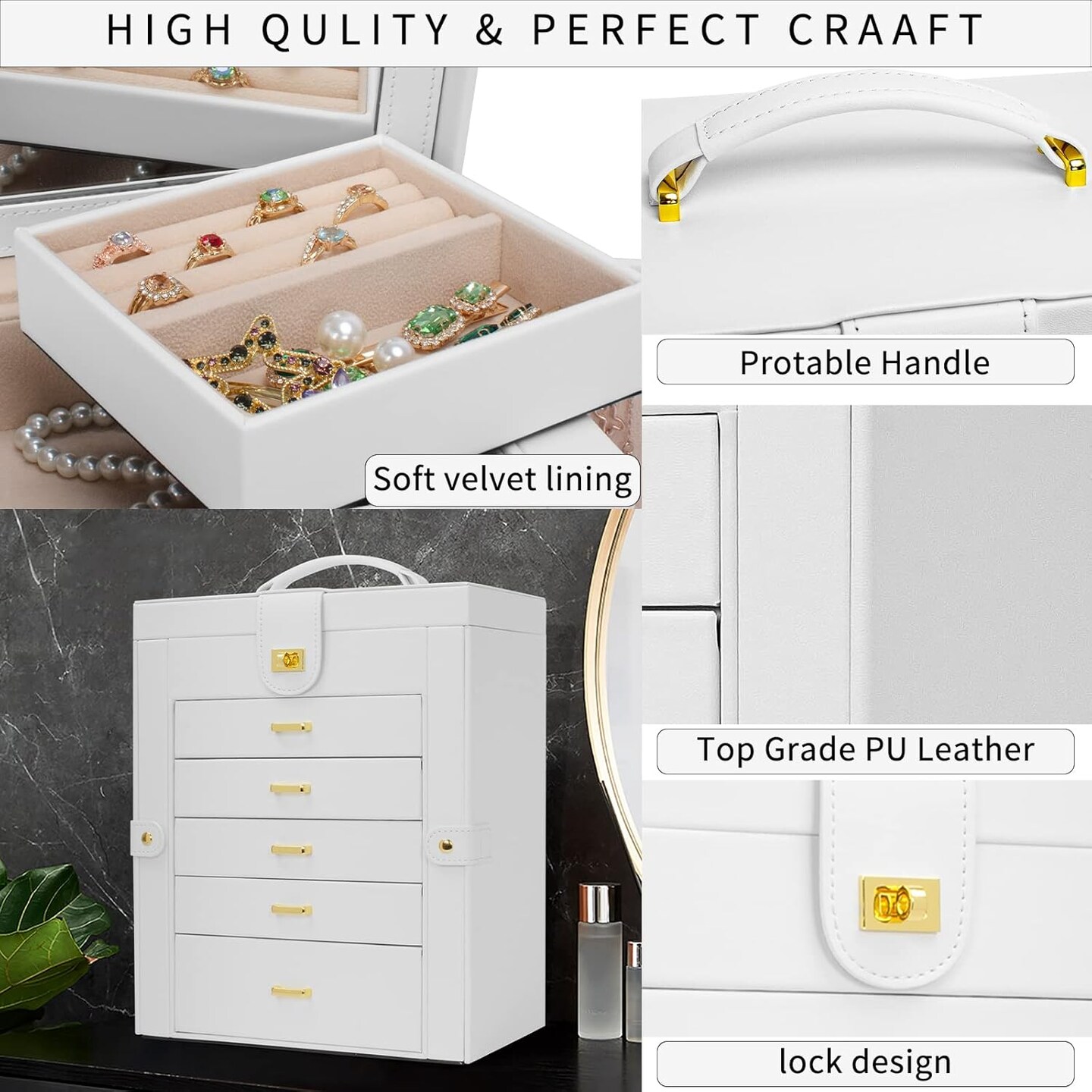 Functional 6-Tier Jewelry Box Organizer with 5 Drawers Leather Jewelry Storage Case for Women Girls Ring Necklace Earring Bracelet Holder Organizer with Mirror White