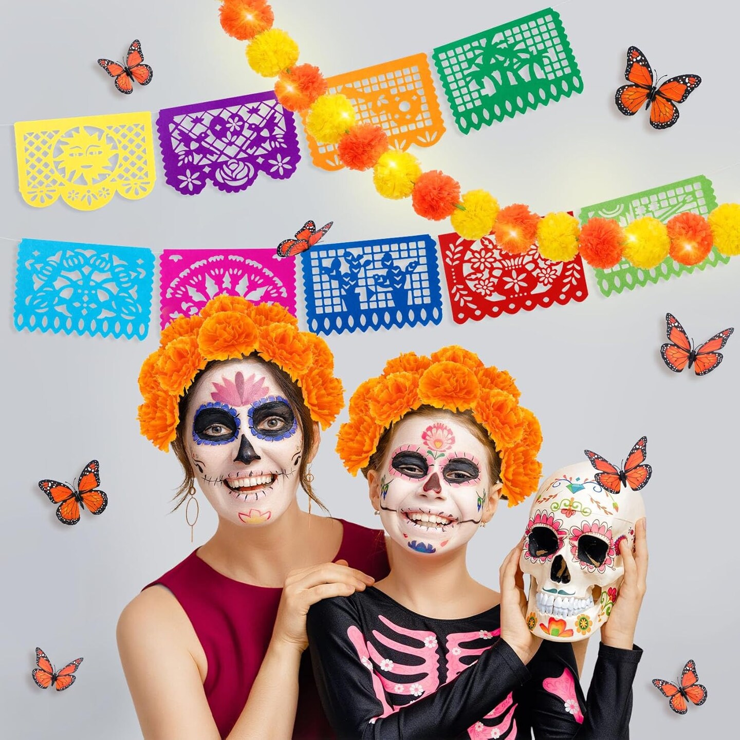 85 Pcs Day of the Dead Decorations Set with Lights(Orange and Yellow)