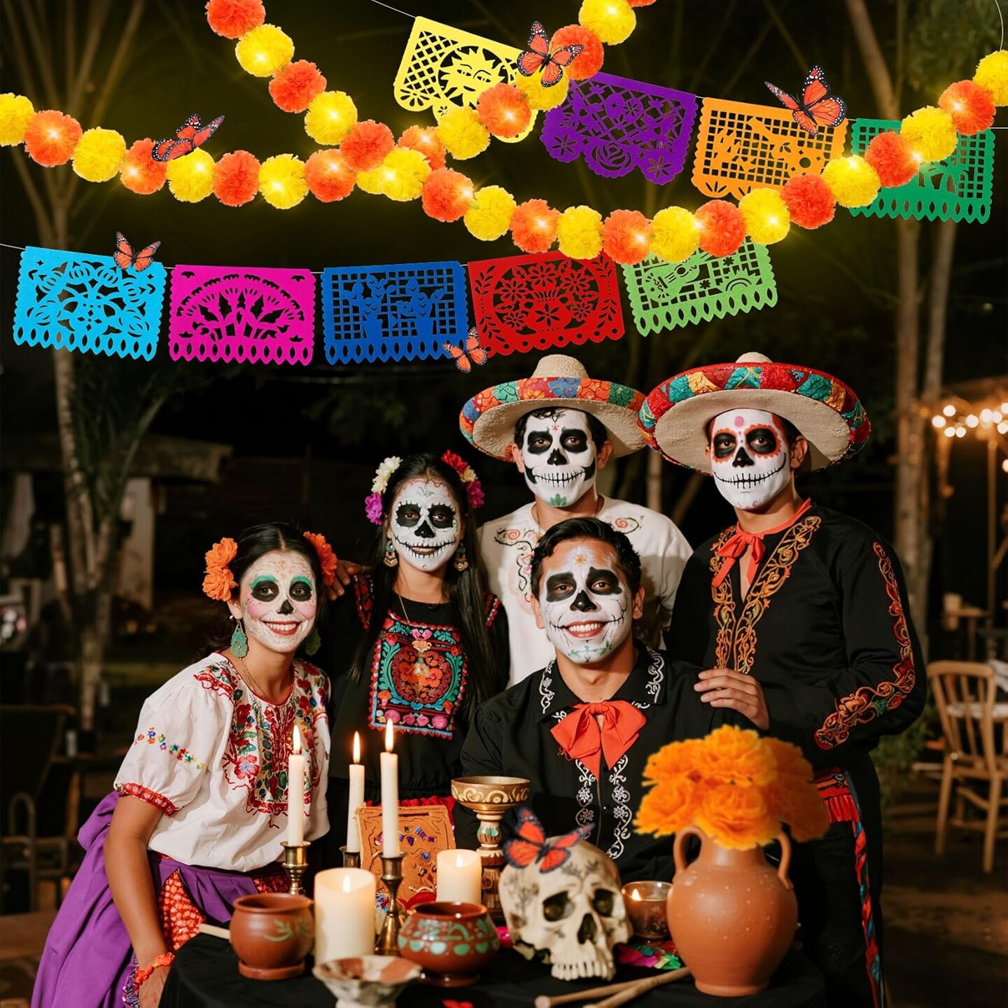 85 Pcs Day of the Dead Decorations Set with Lights(Orange and Yellow)