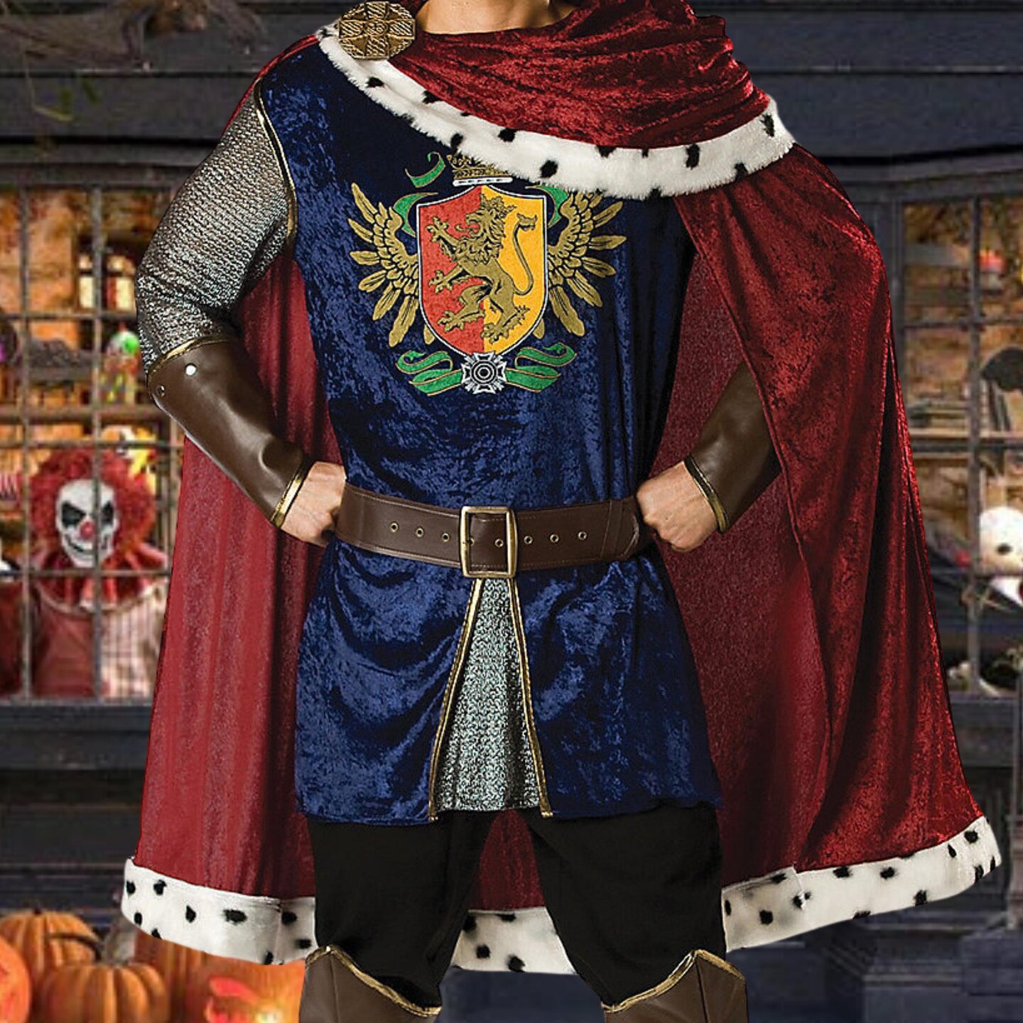 Men's Noble King Costume Blue Tunic Red Cape Vinyl Crown Halloween Outfit