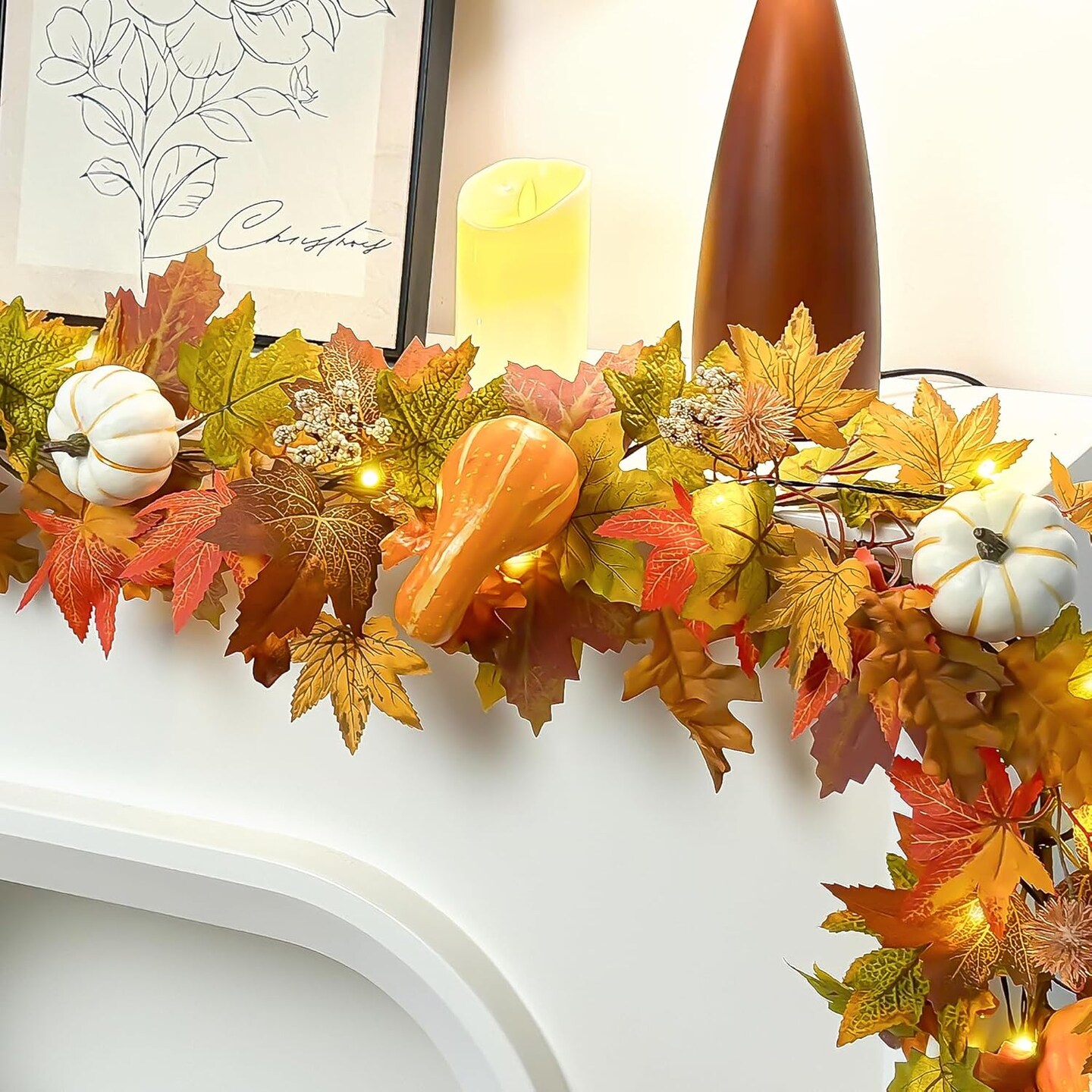6ft Pumpkin Maple Leaf & Berries Fall Garland with Light String - Fall Decor for Home(10.55 x 10.51 x 3.82 inches)