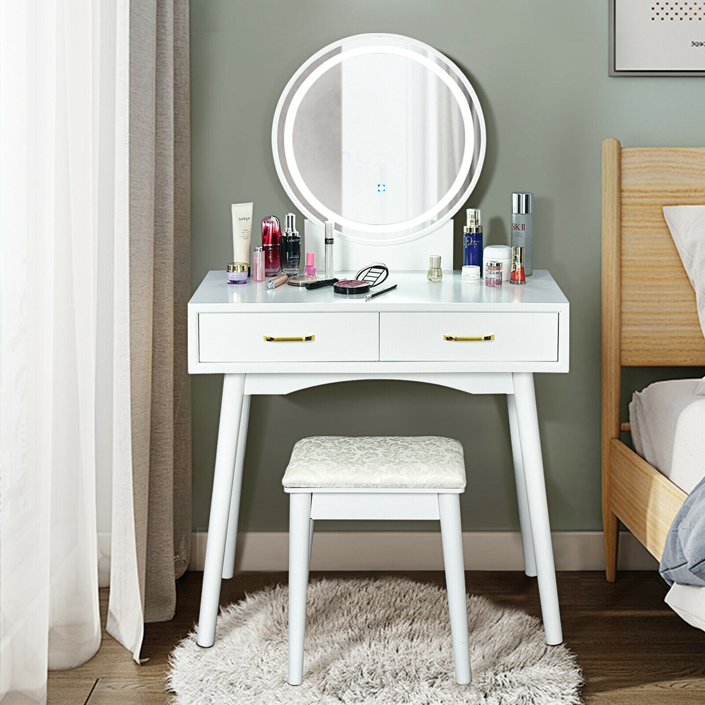 White MDF Rubberwood Vanity Table Set with LED Mirror, Drawers and Stool