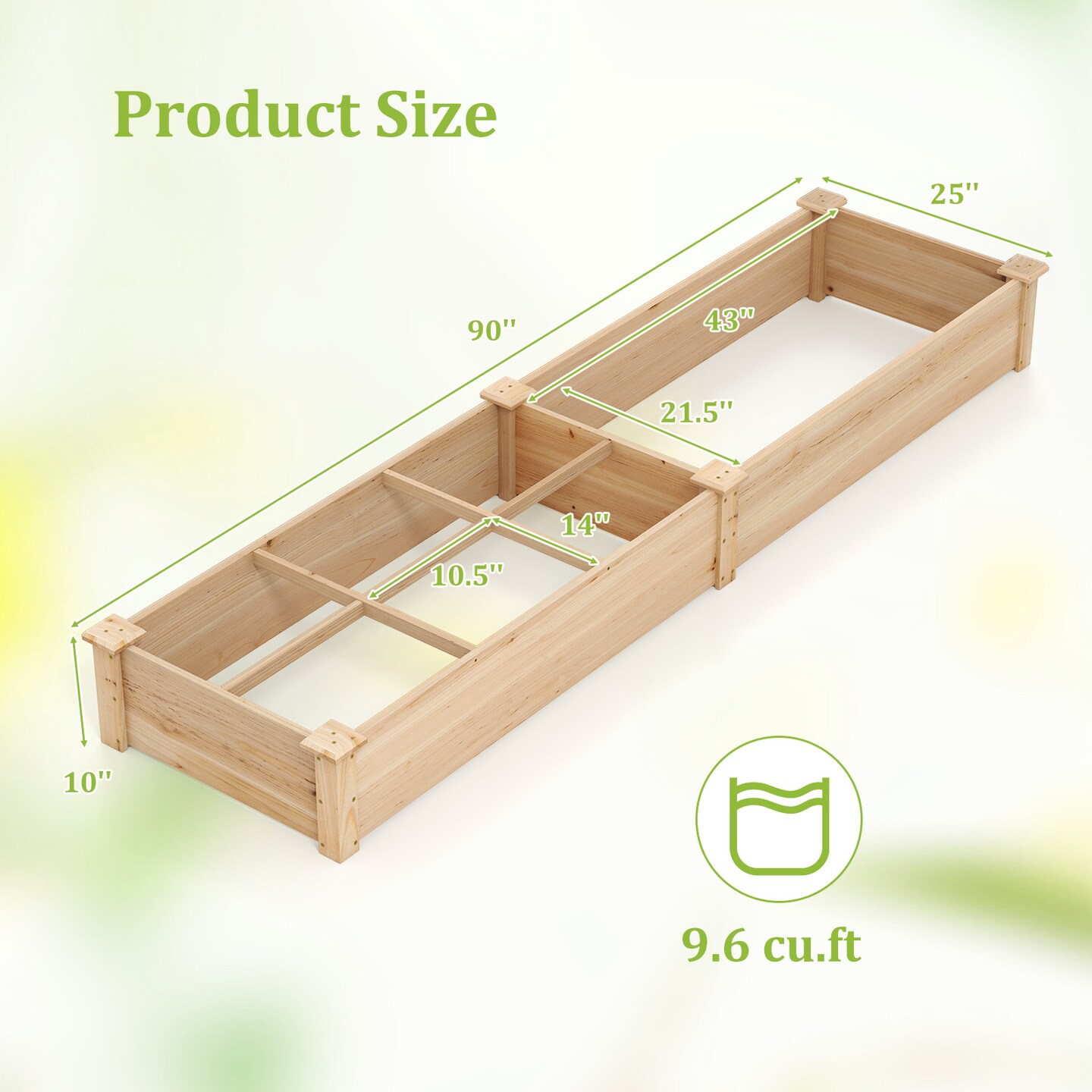 Natural Fir Wood Raised Garden Bed with Dividers and 9.6 cu.ft Soil Capacity