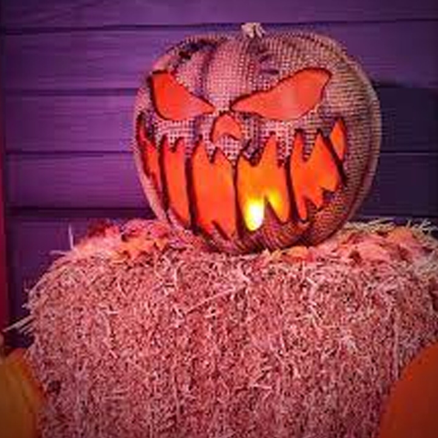 Realistic Flaming Burlap Pumpkin Halloween Ornament 10 Inches